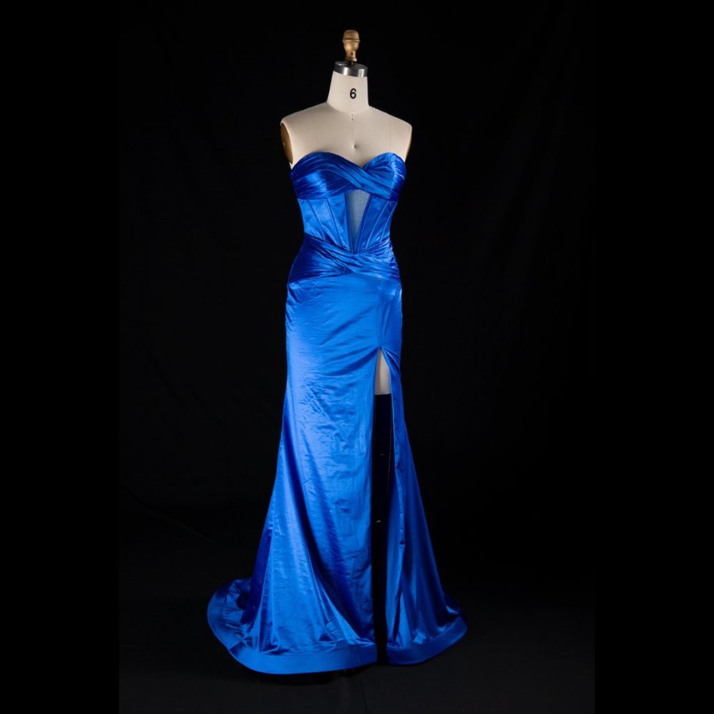 Sweetheart Strapless Appliqued Short Satin Dress Royal Blue